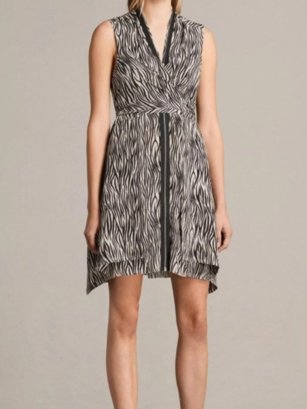 AllSaints Jayda Zebra Silk Dress Zip Front Mini Black Cream